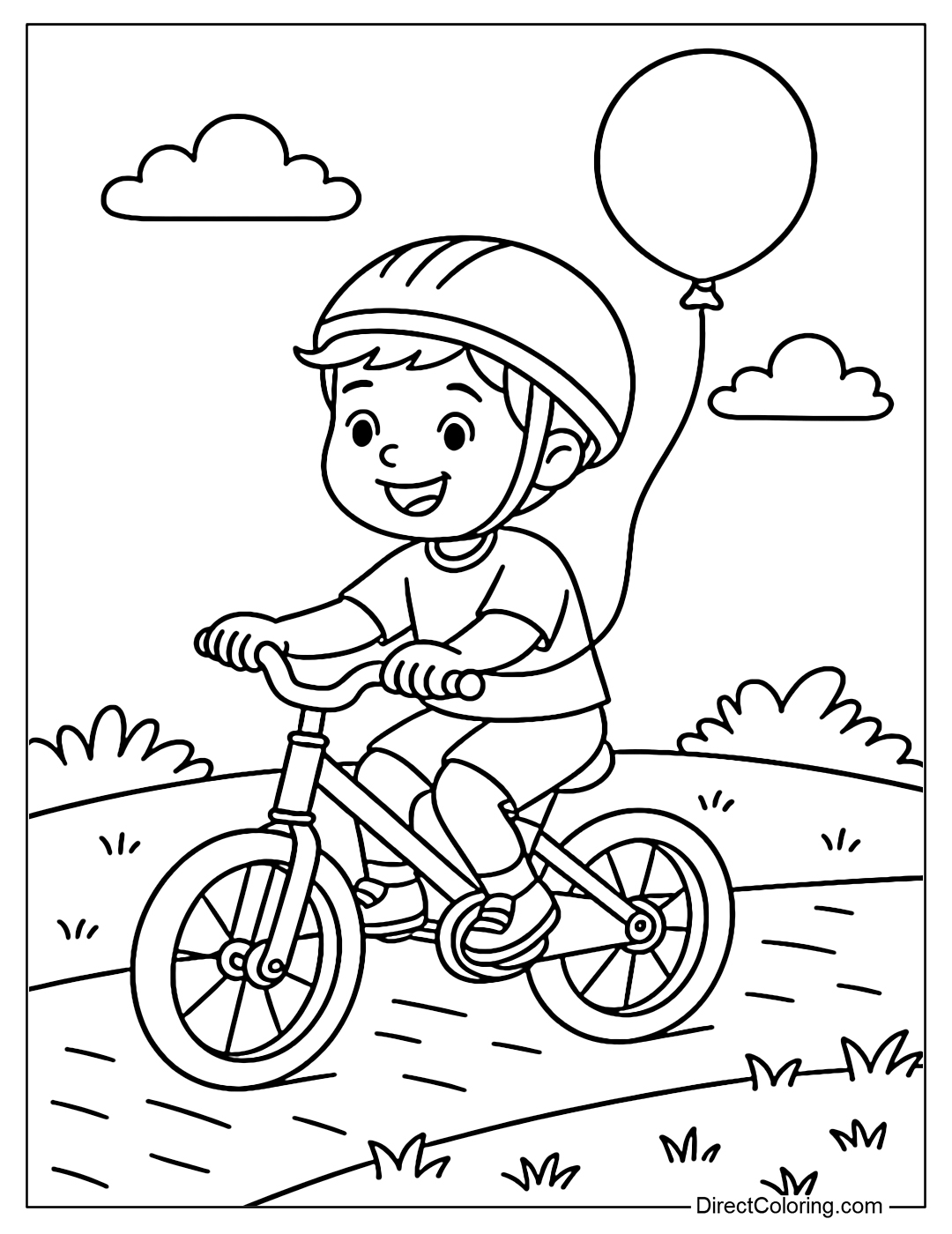 A boy bicycling coloring page with balloons tied to the handlebars, grass and floating clouds in the background.
